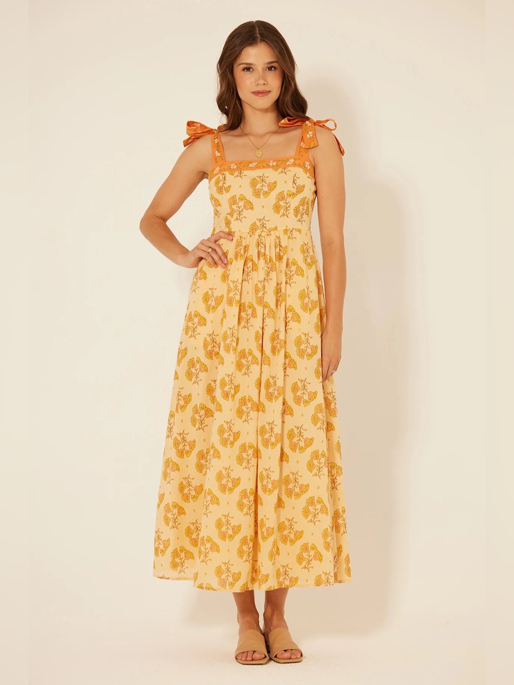 NWT Tie-Shoulder Floral Maxi Dress in Yellow
